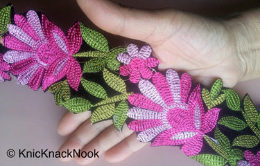 Black Velvet Fabric Trim With Pink / Blue And Green Floral Embroidery, 76mm wide - 200317L268 / 69